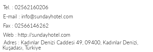 Hotel Sunday telefon numaralar, faks, e-mail, posta adresi ve iletiim bilgileri